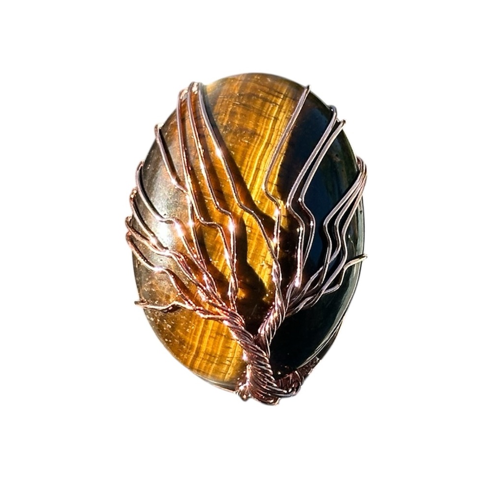 TIGERS EYE TREE OF LIFE ADJUSTABLE COPPER RING FESTIVAL CRYSTALS BOHEMIAN